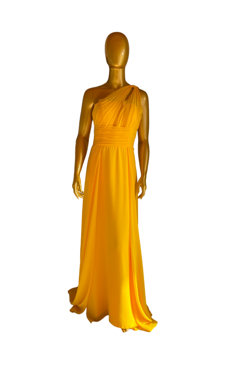 Longue robe jaune de soirée de face