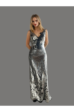 Robe longue Andromède noir et argent de la marque Jennifer Cashera à louer