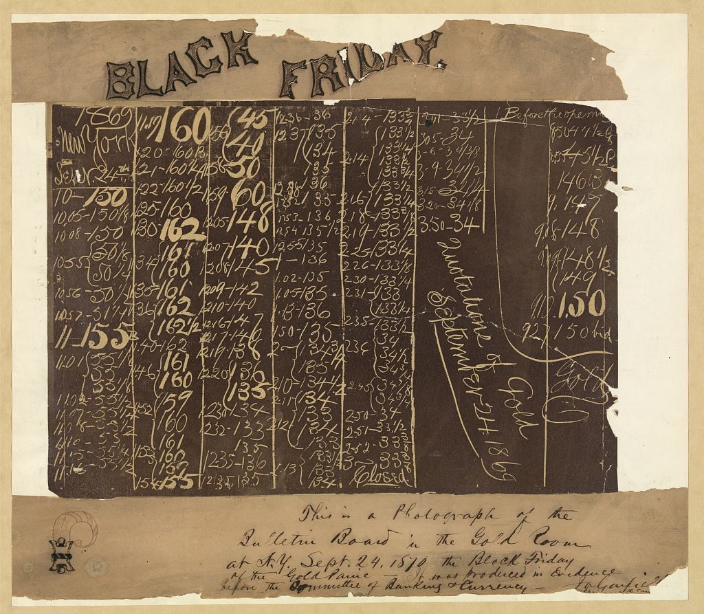 Le tableau noir de la salle du marché de l'or à New York lors du Black Friday de 1869