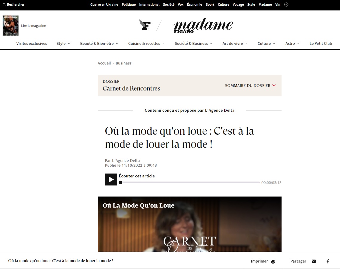 Article et vidéo de Nathalie Favre de OŪ La mode qu’on loue dans Madame le Figaro